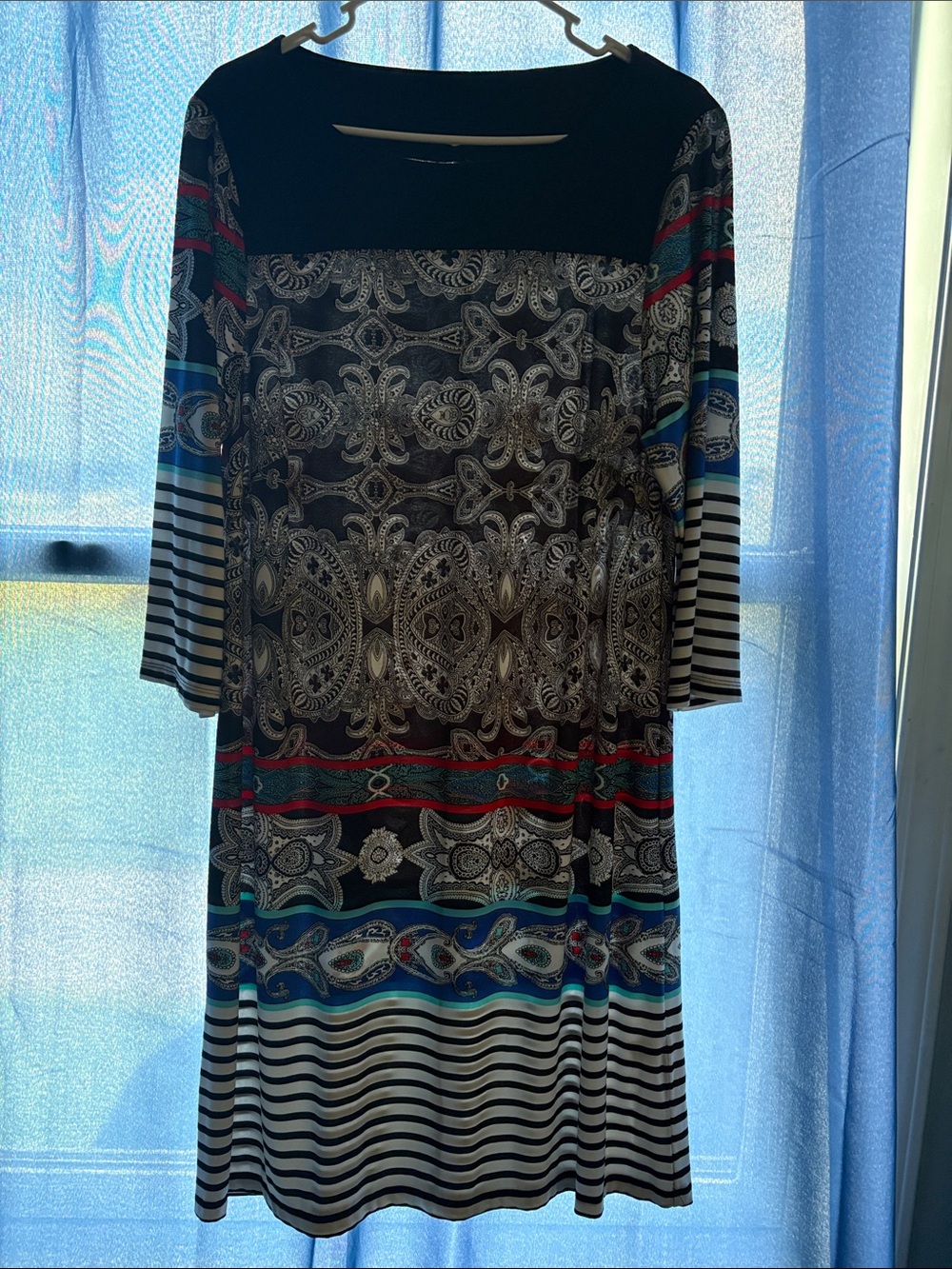 Emma & Michele Black Midi Dress with Red and Blue Accents